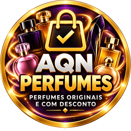 Foto do grupo AQN Ofertas de Perfume: sacola dourada com um check, cercada de frascos de perfume